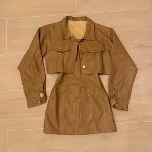 Fashion Nova Brown Faux Leather 2-Piece Set Cropped Jacket and Tube Mini Dress